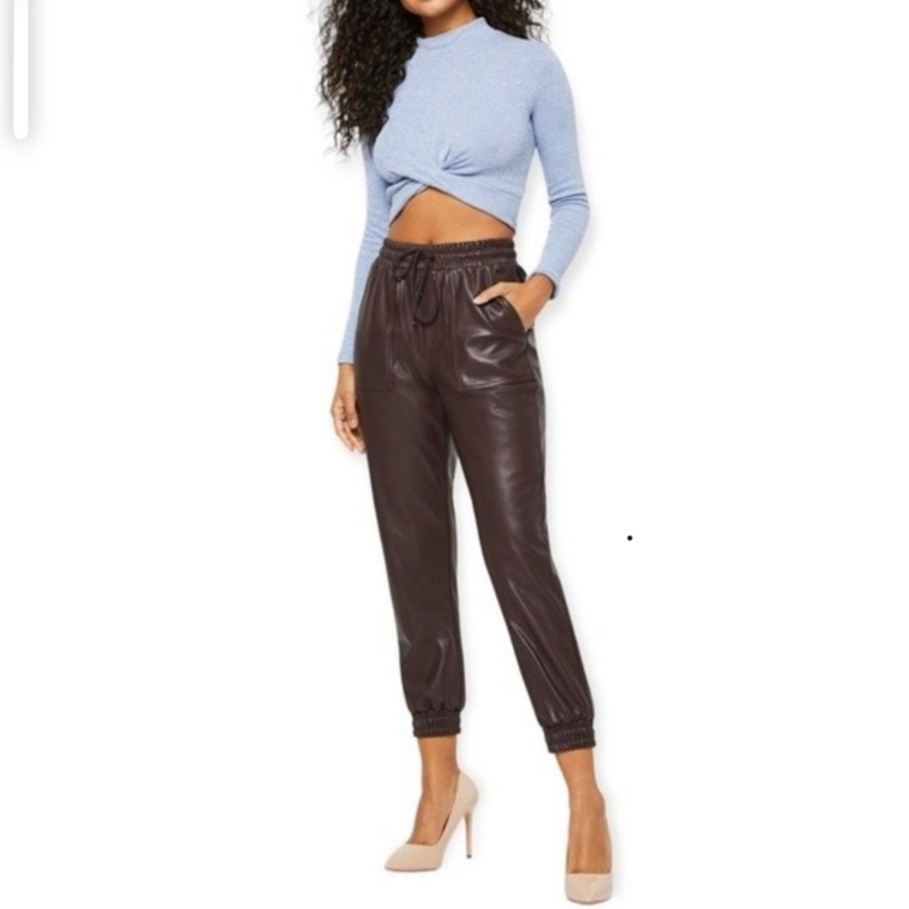 - BCBG Chocolate Brown Faux Leather High Rise Drawstring Joggers